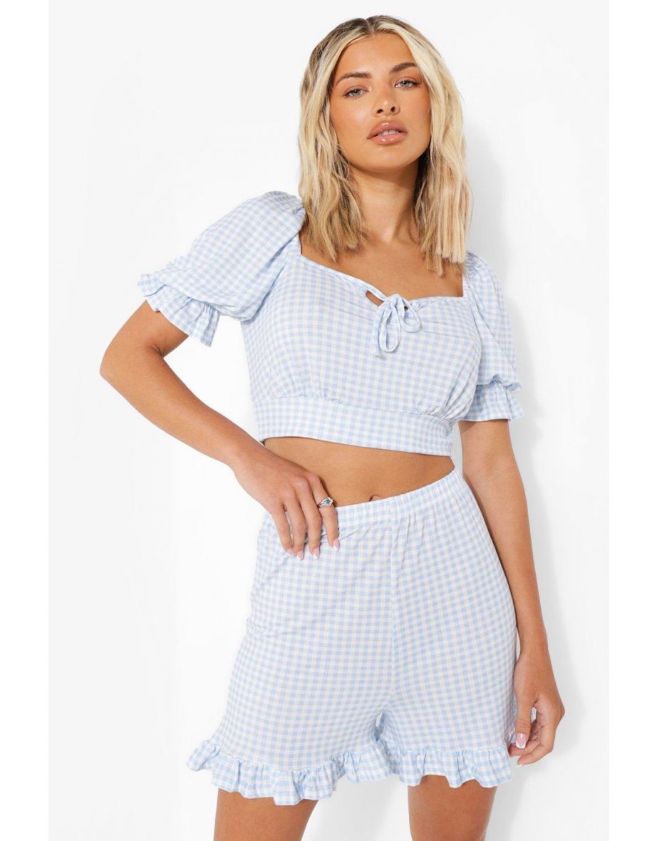 Gingham Ruffle Hem Flippy Shorts - blue