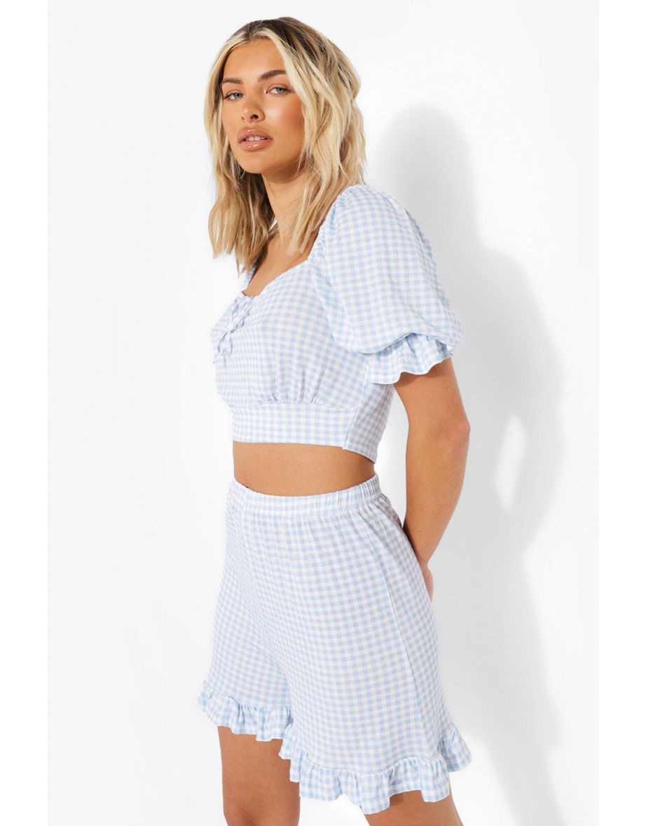 Gingham Ruffle Hem Flippy Shorts - blue - 3