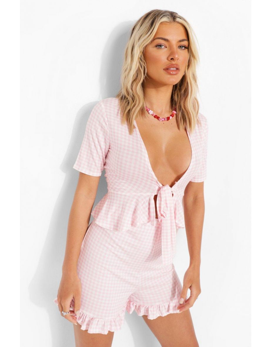 Gingham Ruffle Hem Flippy Shorts - pink