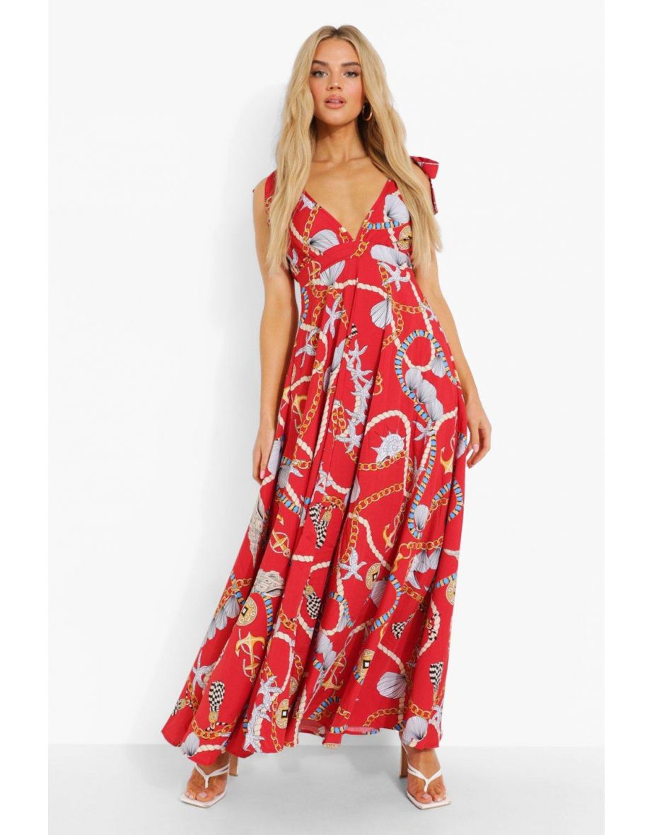 Nautical Print Tie Shoulder Plunge Maxi Dress - red