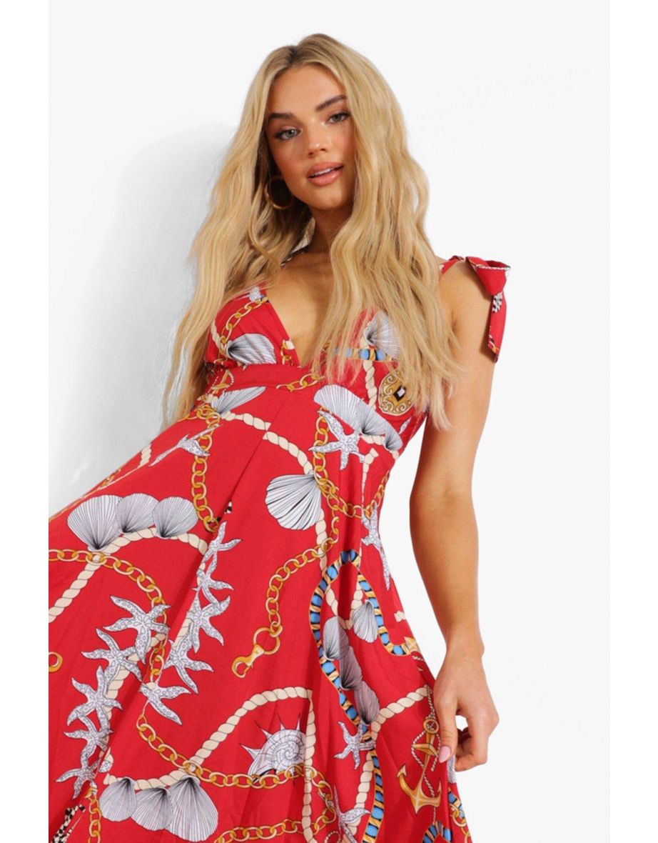 Nautical Print Tie Shoulder Plunge Maxi Dress - red - 3