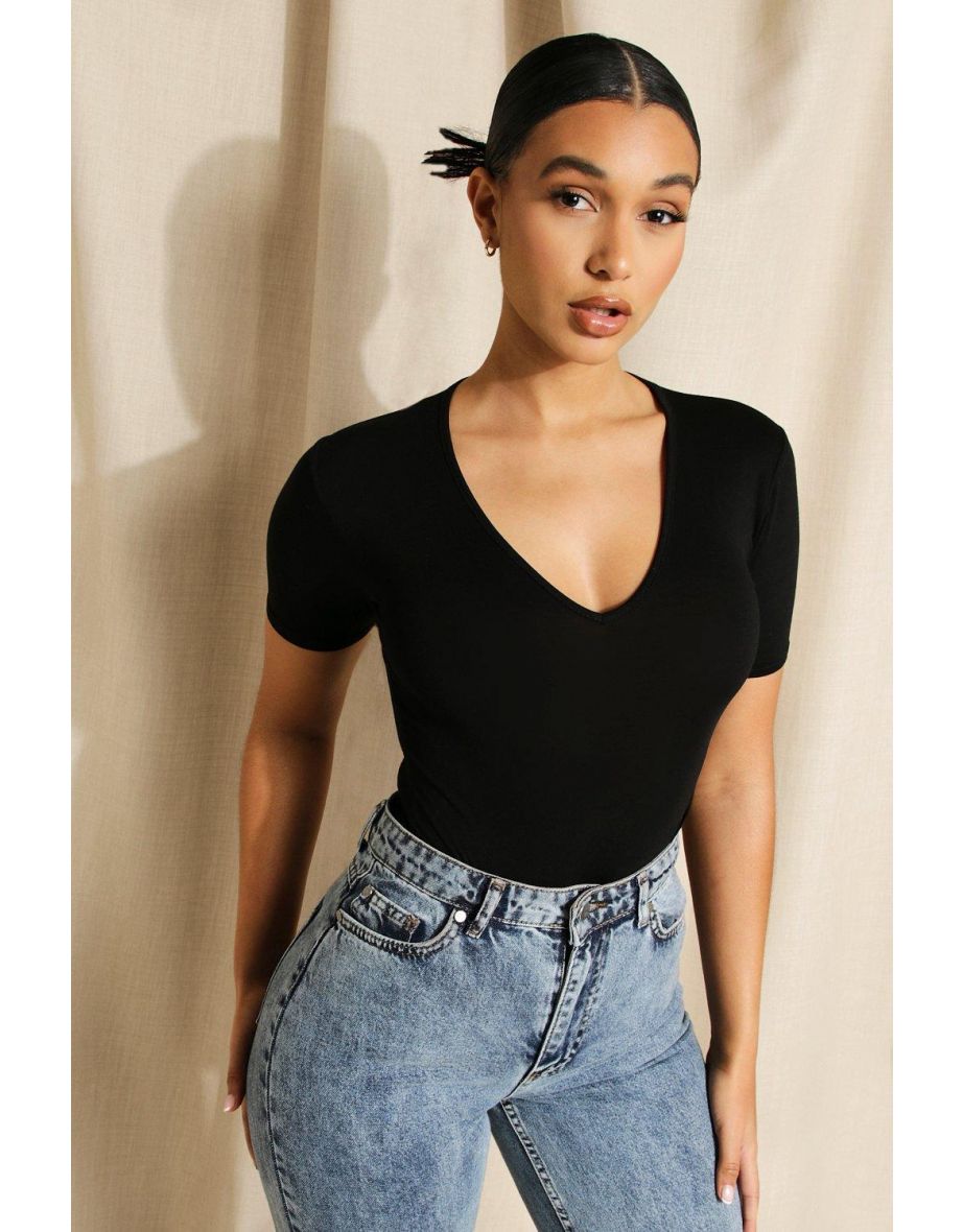 Basic V Neck Bodysuit - black