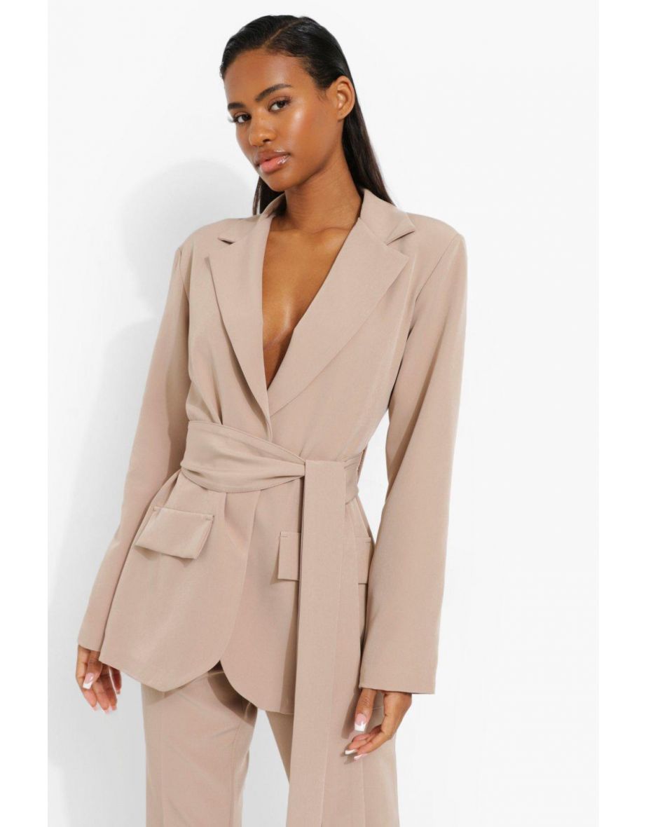 Obi Tie Waist Tailored Blazer - camel