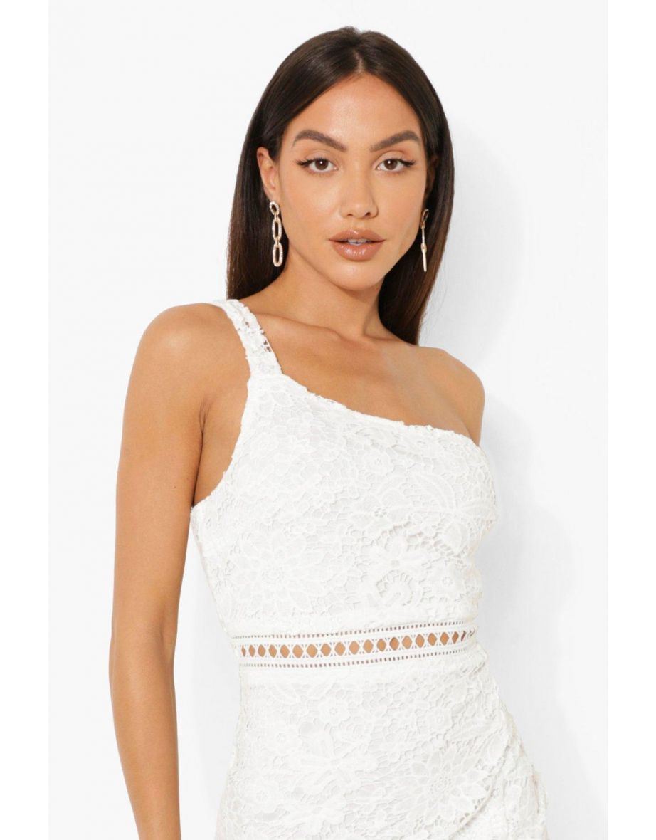 Lace One Shoulder Frill Hem Midi Dress - white - 3