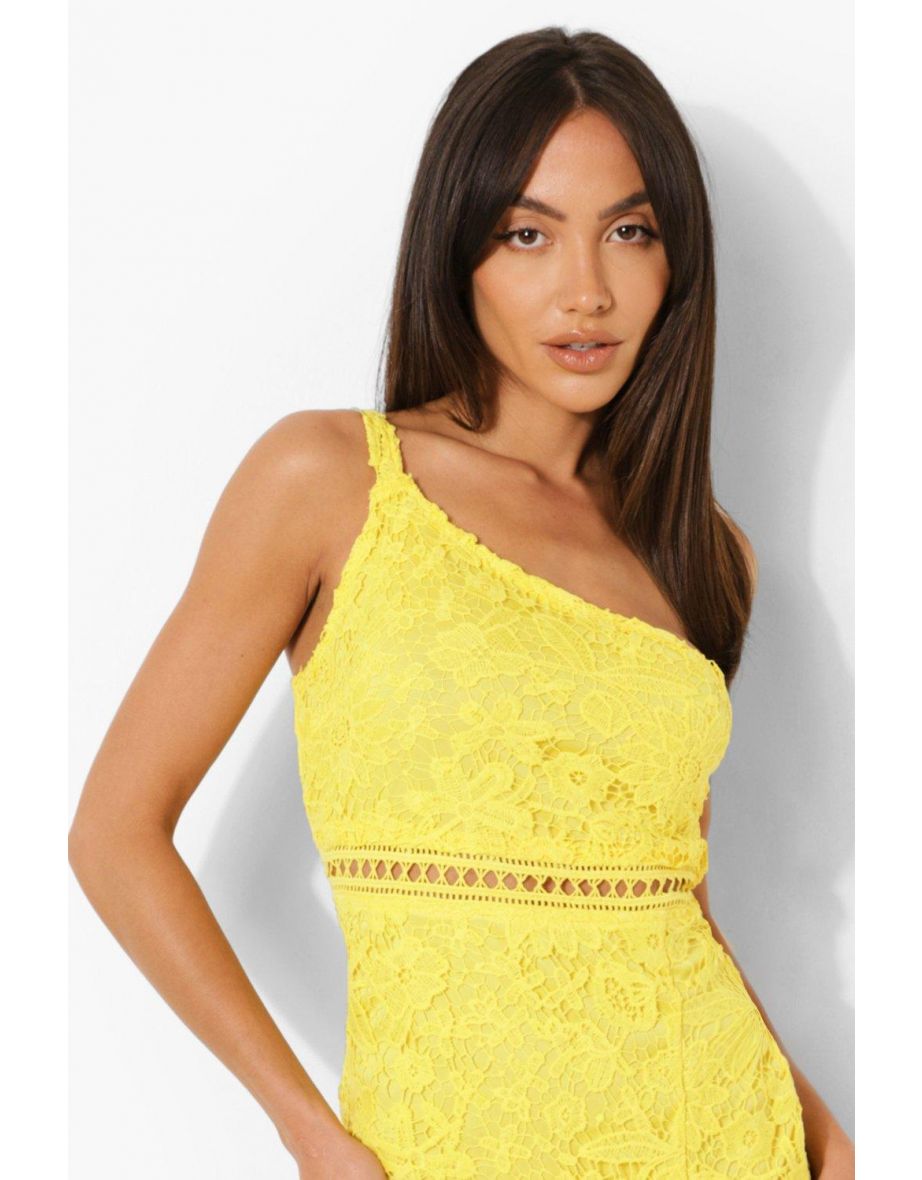 Lace One Shoulder Frill Hem Midi Dress - yellow - 3