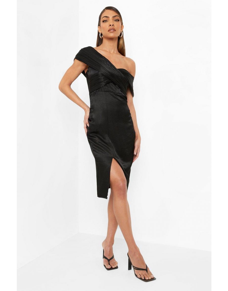 One Shoulder Midi Bridesmaid Dress - black