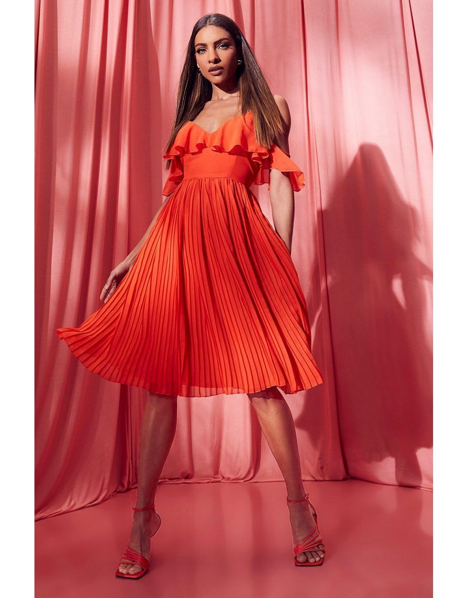 Cold shoulder ruffle midi dress hot sale