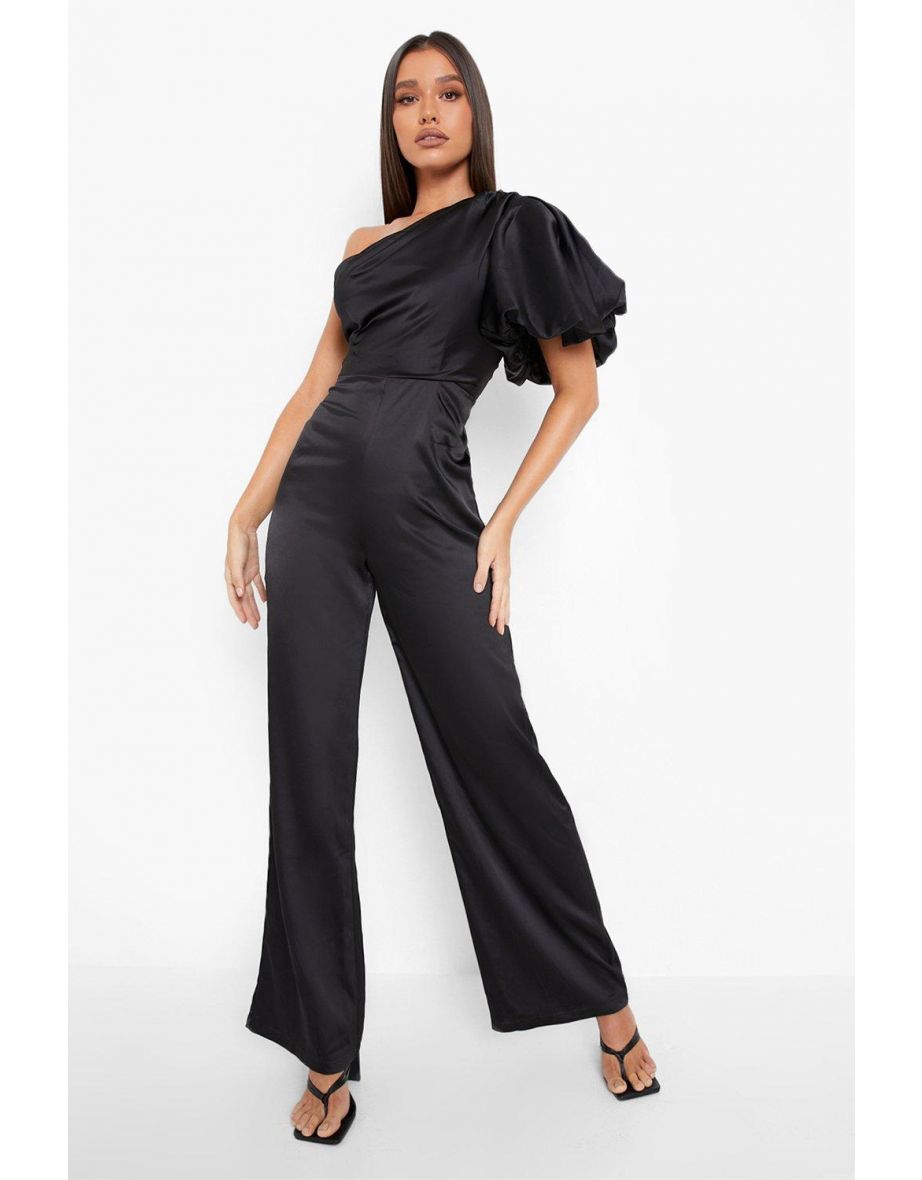 Puff One Shoulder Wide Leg Jumpsuit - black