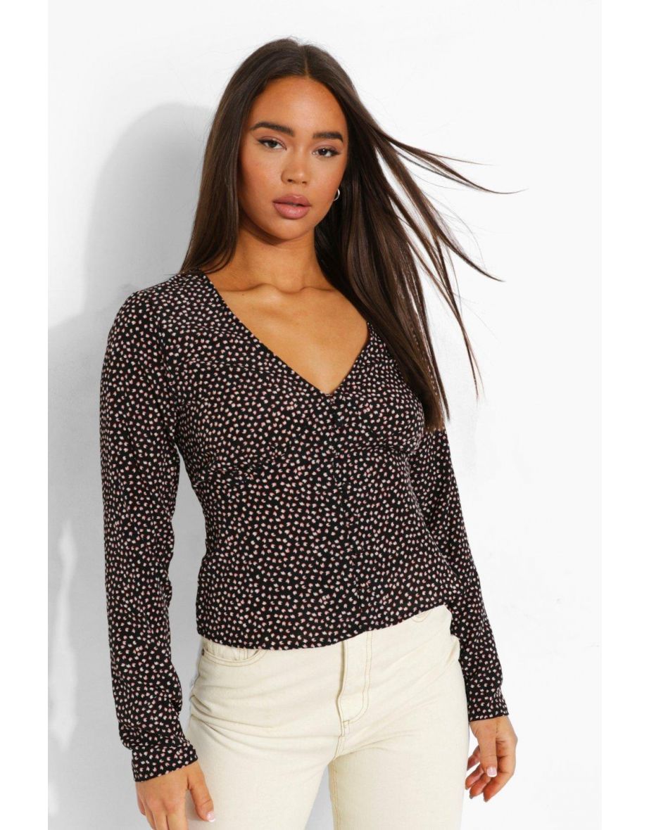 Spot Print Peplum Wrap Blouse - black