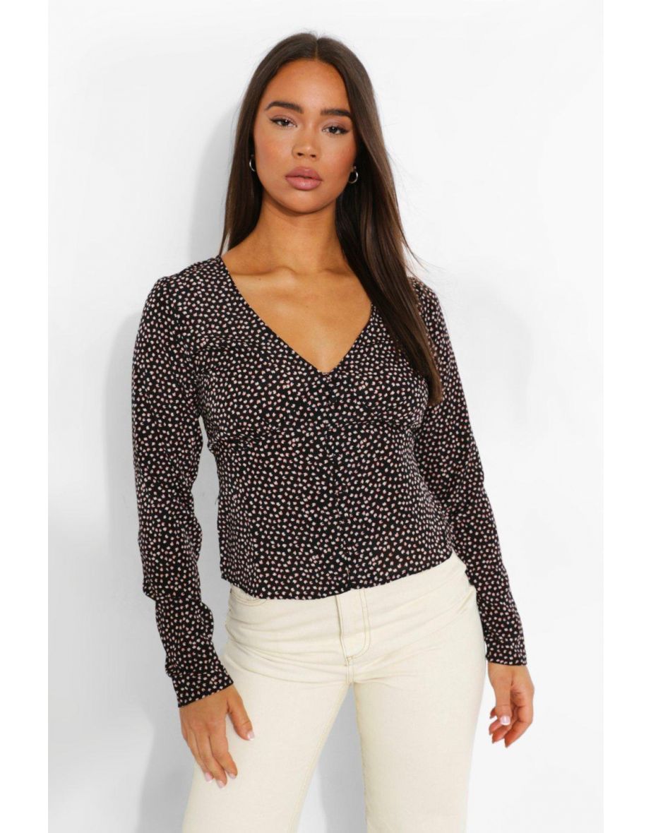 Spot Print Peplum Wrap Blouse - black - 3