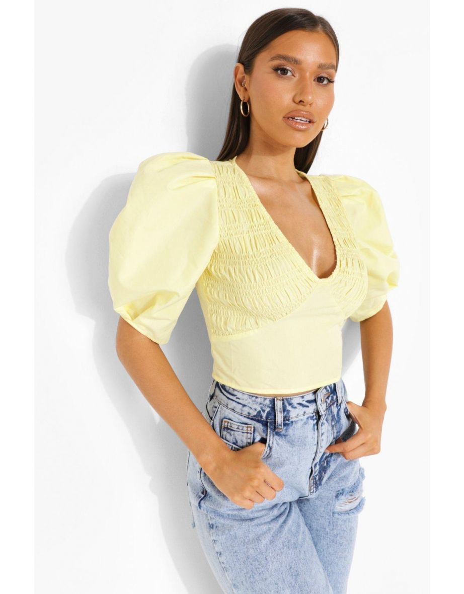Woven Puff Sleeve Blouse - yellow