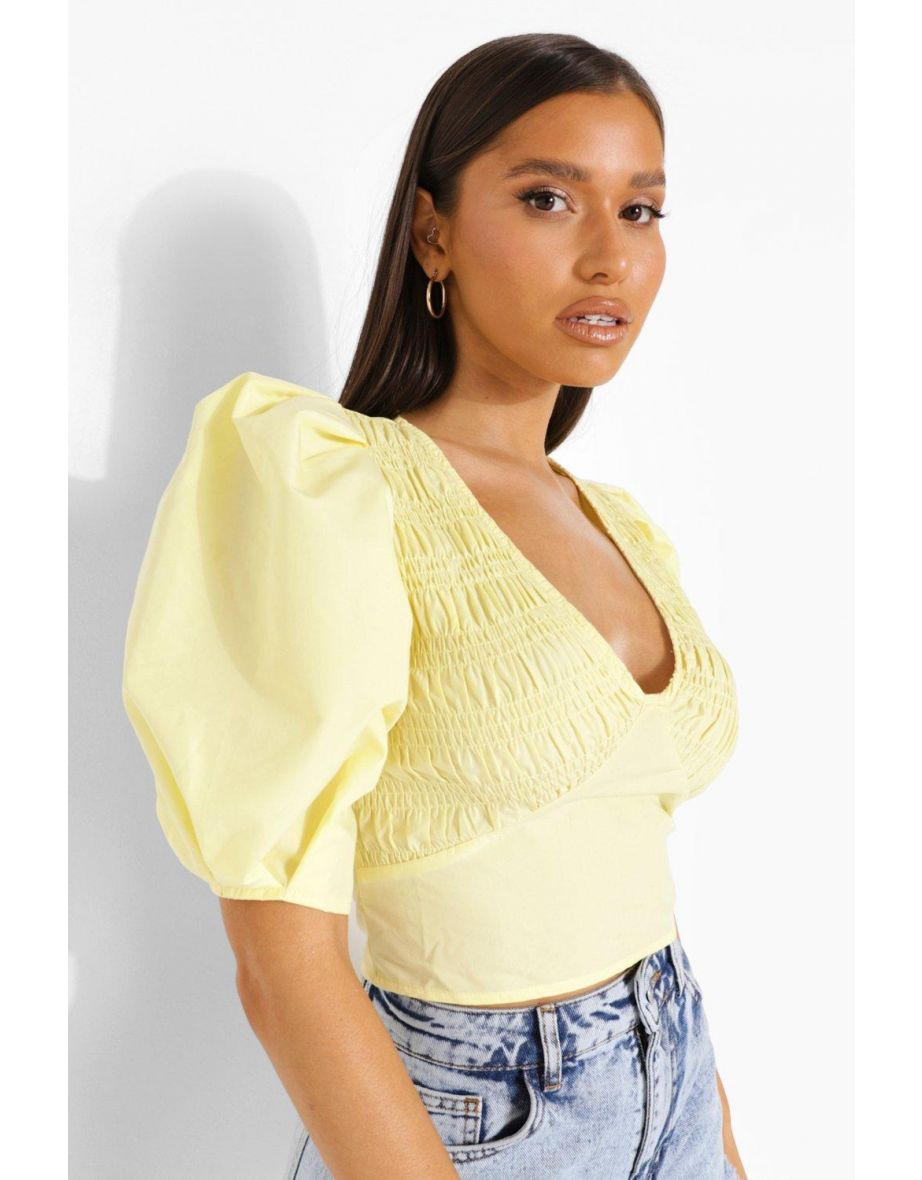 Woven Puff Sleeve Blouse - yellow - 3