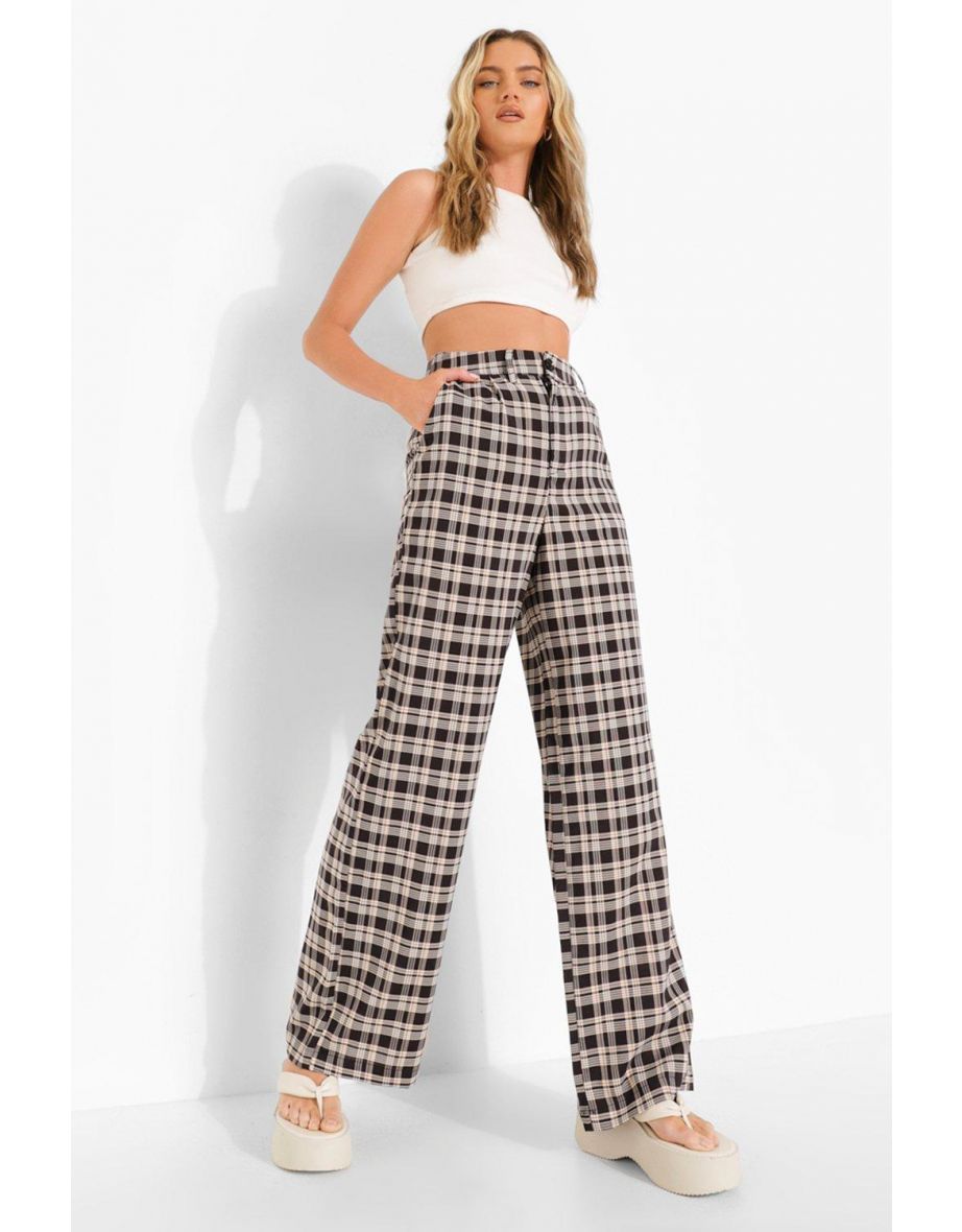 Woven Wide Leg Check Trouser - black