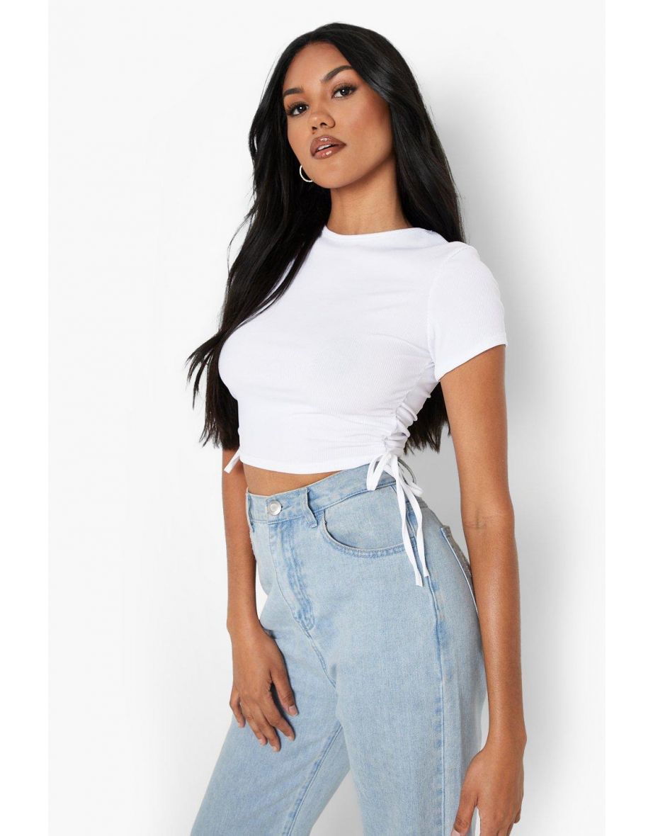 Side Ruched Rib Top - white
