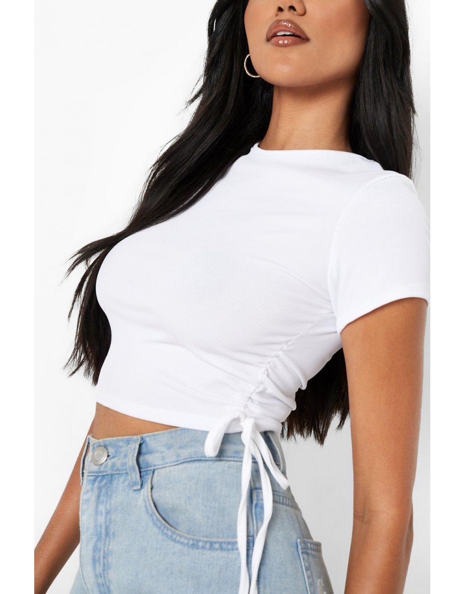 Side Ruched Rib Top - white - 3