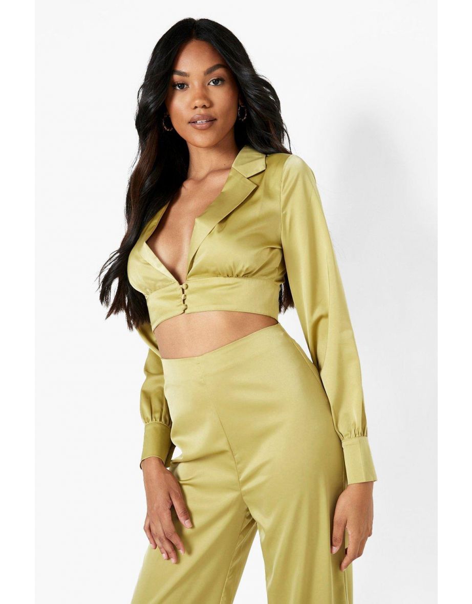 Matte Satin Plunge Front Shirt - olive