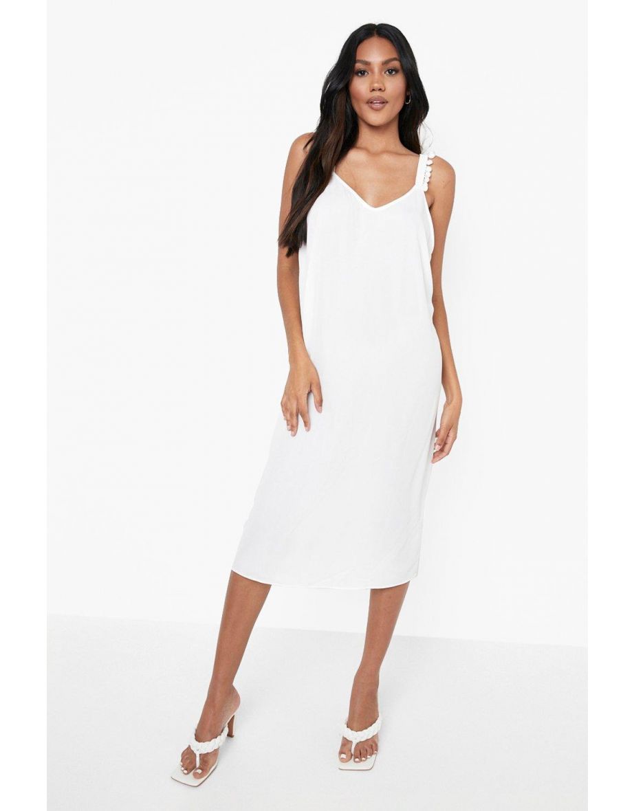 فستان ميدي بظهر بتصميم متقاطع بشراشيب - أبيض