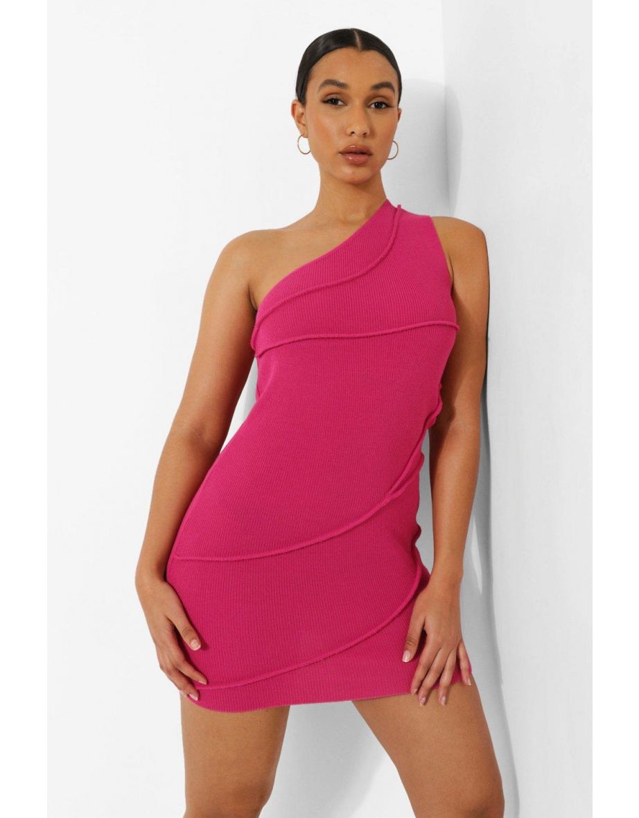 Rib Knit Seam Detail Asym Dress - hot pink