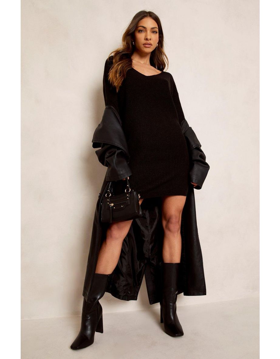 Recycled V Neck Jumper Dress - black - 3