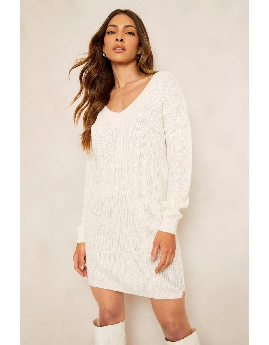Recycled V Neck Jumper Dress - ecru - 3