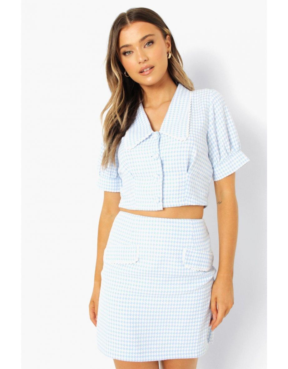 Dogtooth Check Puff Sleeve Blouse - powder blue