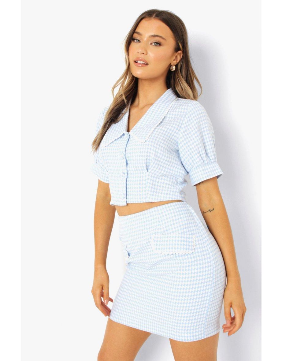 Dogtooth Check Puff Sleeve Blouse - powder blue - 3