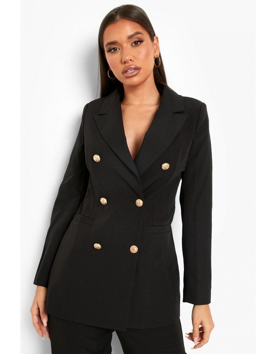 Tailored Gold Button Double Breasted Blazer - black