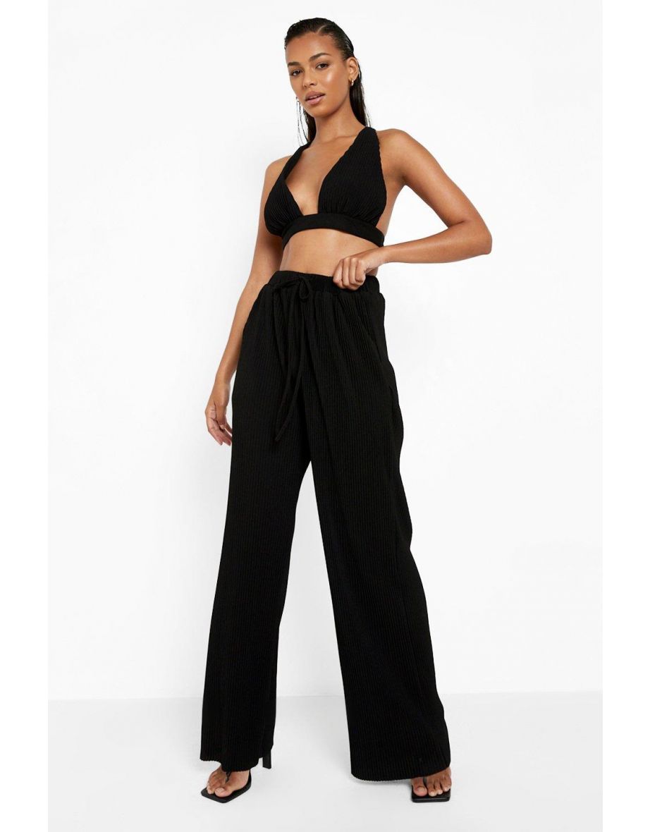 Premium Plisse Wide Leg Trousers - black