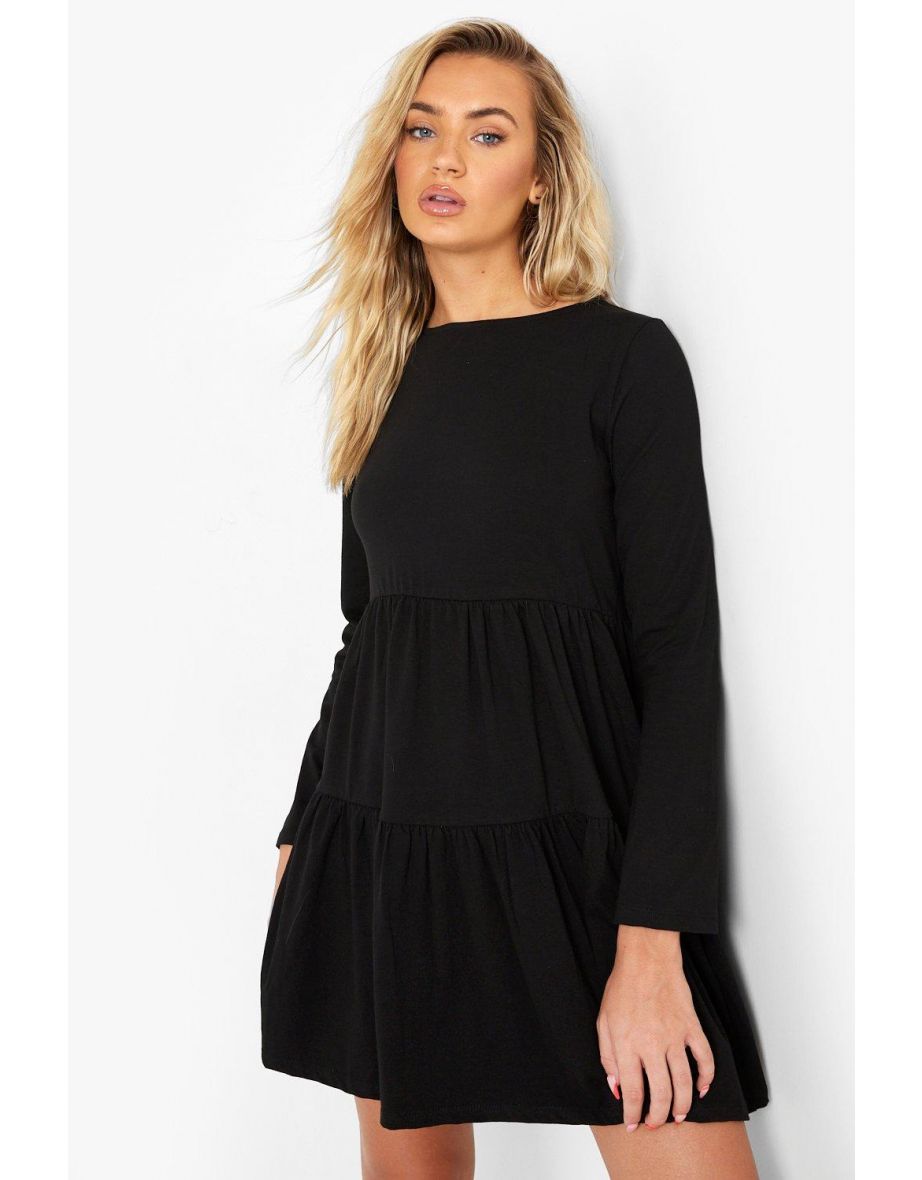 Long Sleeve Smock Dress - black - 3