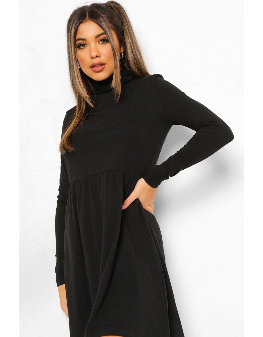 Roll Neck Long Sleeve Skater Dress - black - 3