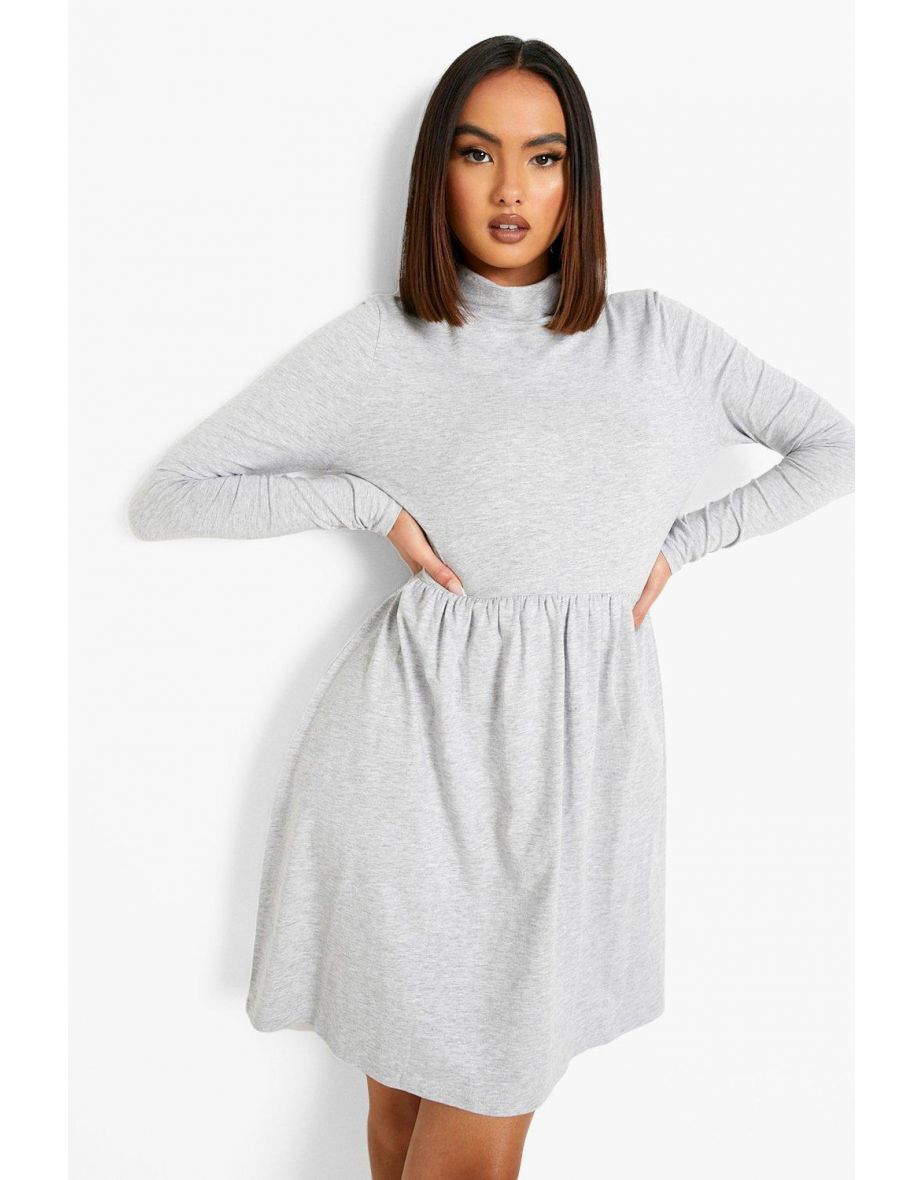 Roll Neck Long Sleeve Skater Dress - grey marl