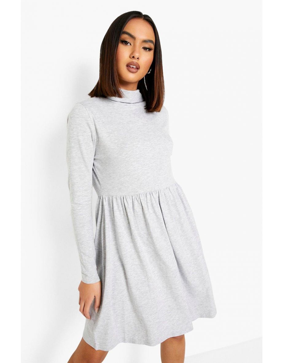 Roll Neck Long Sleeve Skater Dress - grey marl - 3