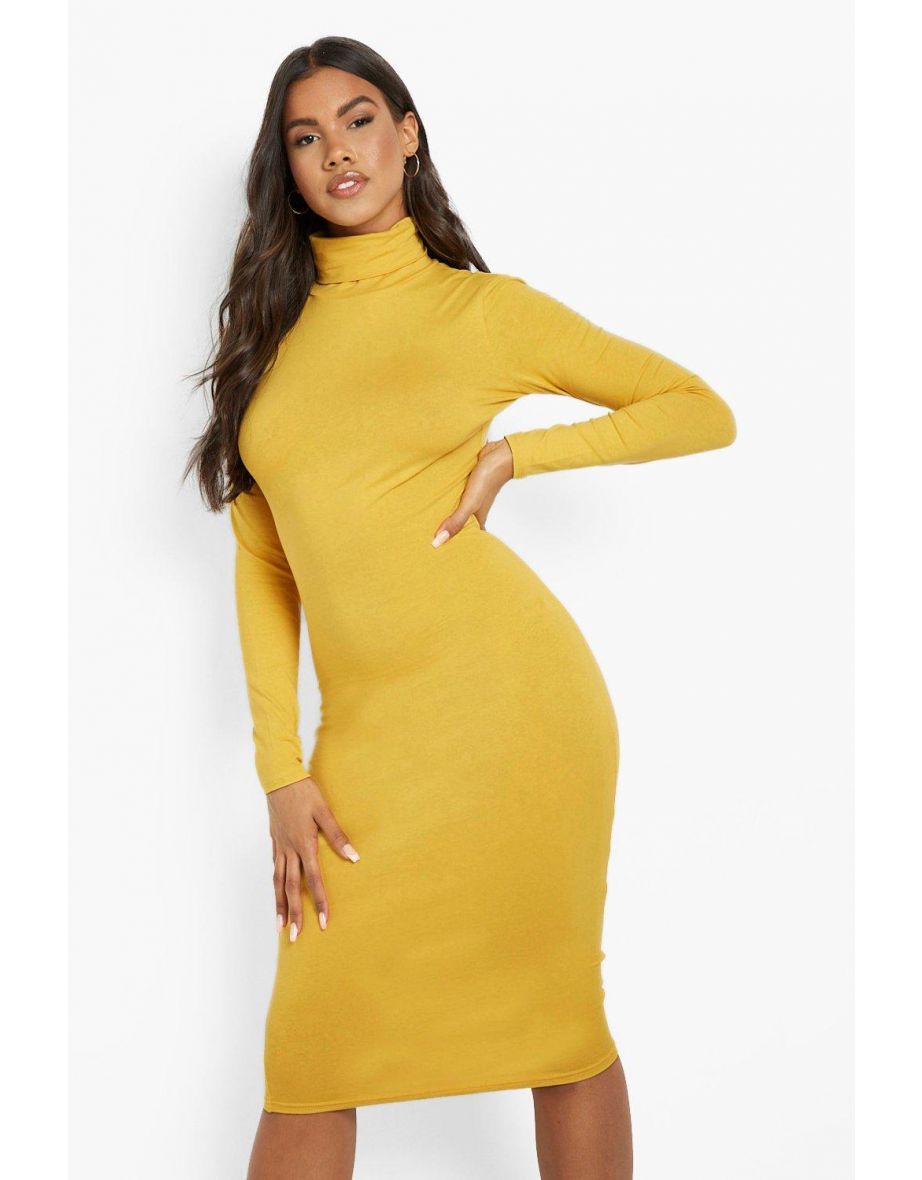 فستان ميدي بياقة مطوية وأكمام طويلة - أصفر