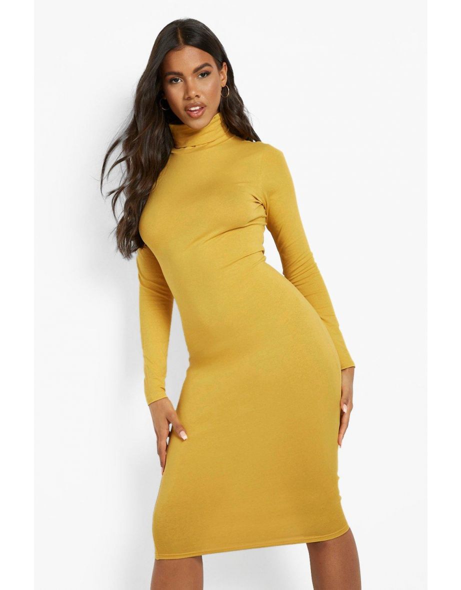 فستان ميدي بياقة مطوية وأكمام طويلة - أصفر - 3