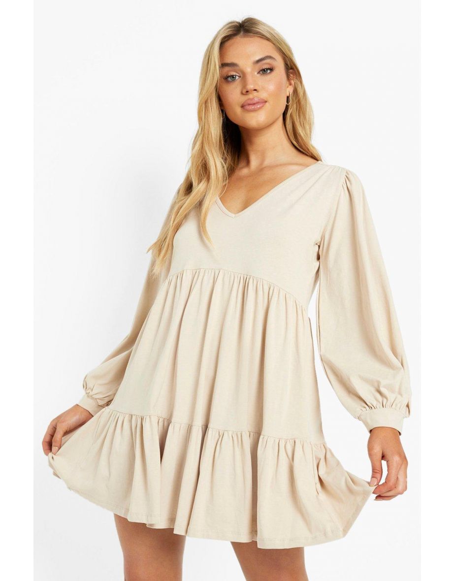 Balloom Sleeve Smock Dress - stone - 3