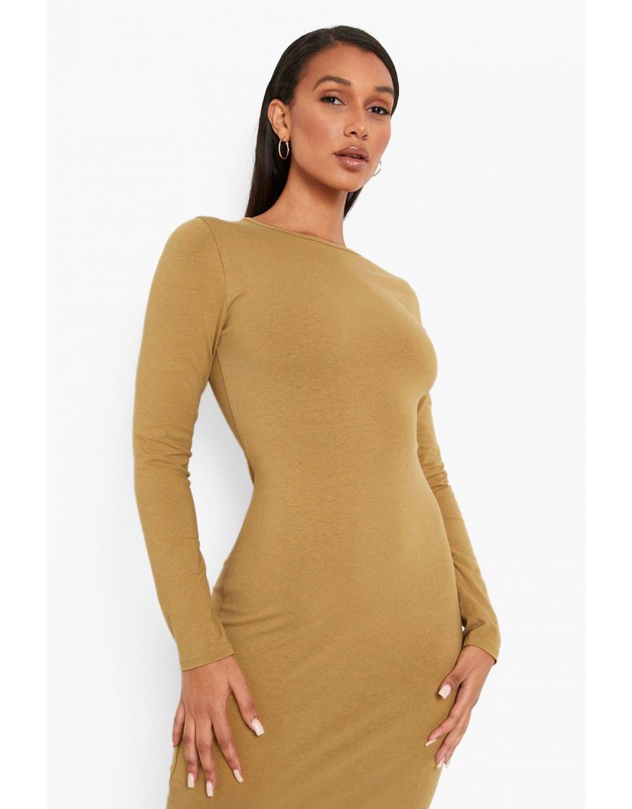 Long Sleeve Crew Neck Midi Bodycon Dress - khaki - 3