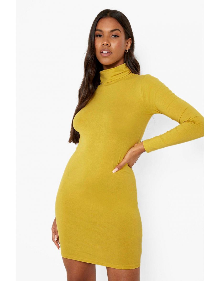 Long Sleeve Roll Neck Mini Bodycon Dress - mustard