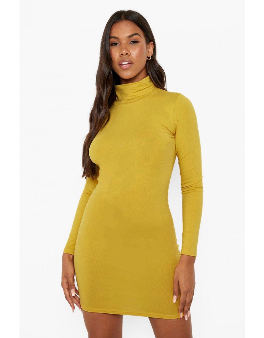 Long Sleeve Roll Neck Mini Bodycon Dress - mustard - 3