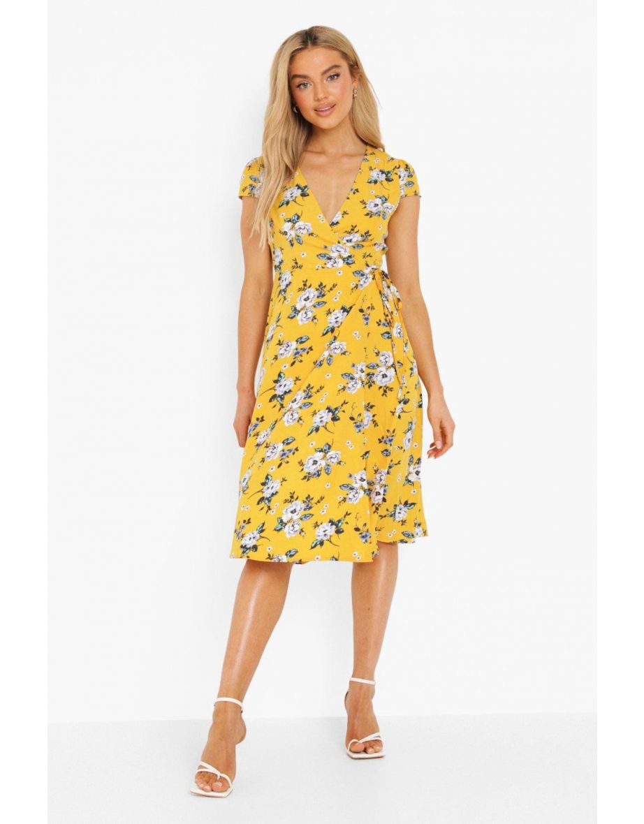 فستان بتصميم لف بطبعة أزهار - أصفر