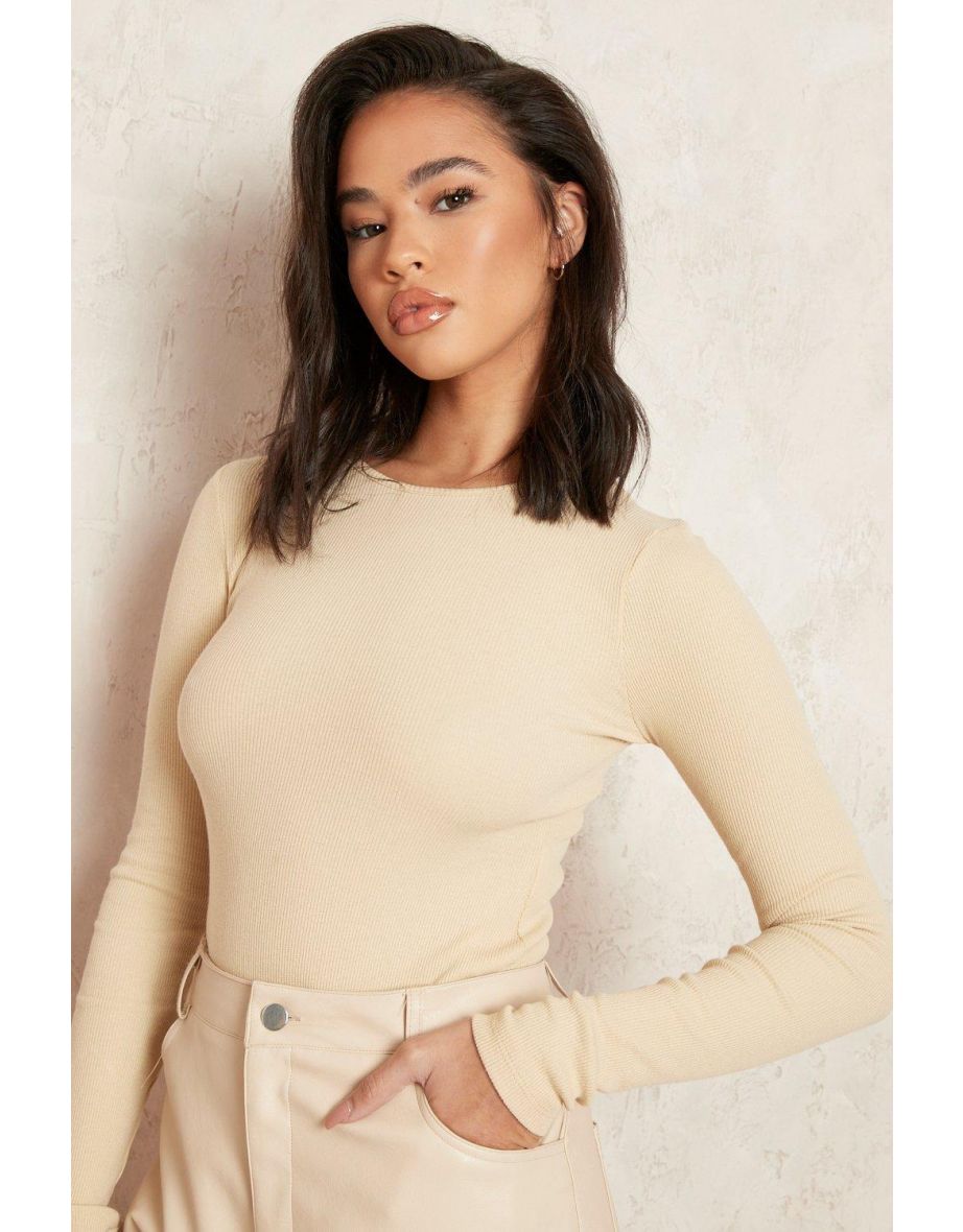 Crew Neck Long Sleeve Bodysuit - sand - 3