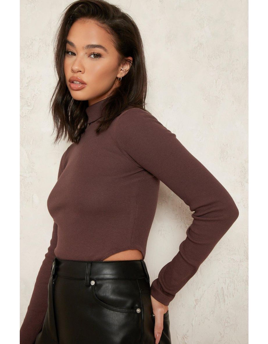 Roll Neck Long Sleeve Bodysuit - mocha