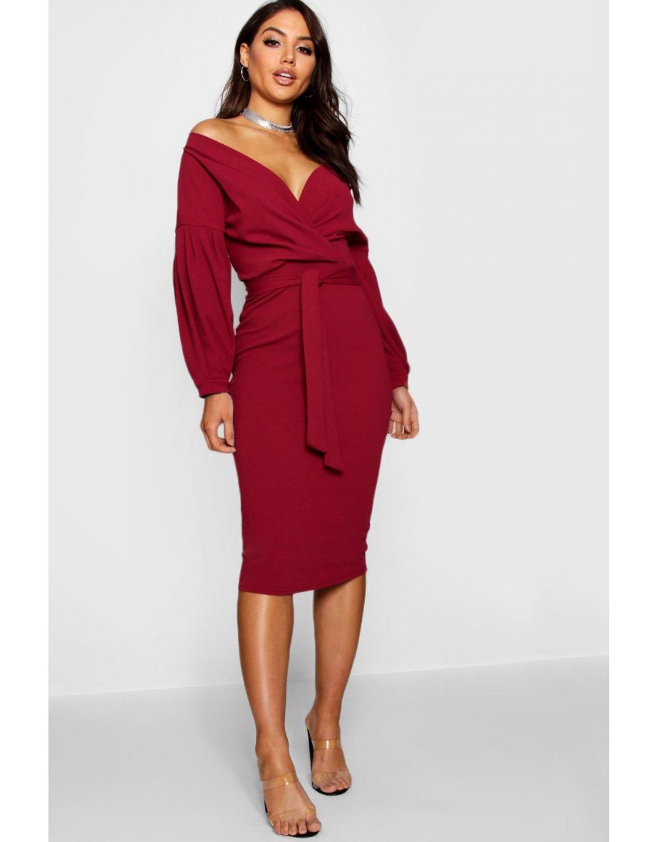 Recycled Off The Shoulder Wrap Midi Dress - berry