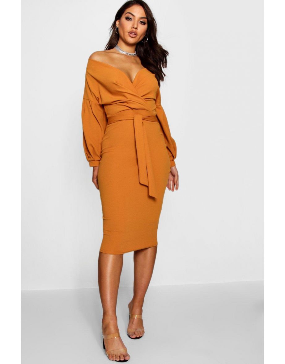 Recycled Off The Shoulder Wrap Midi Dress - desert sand