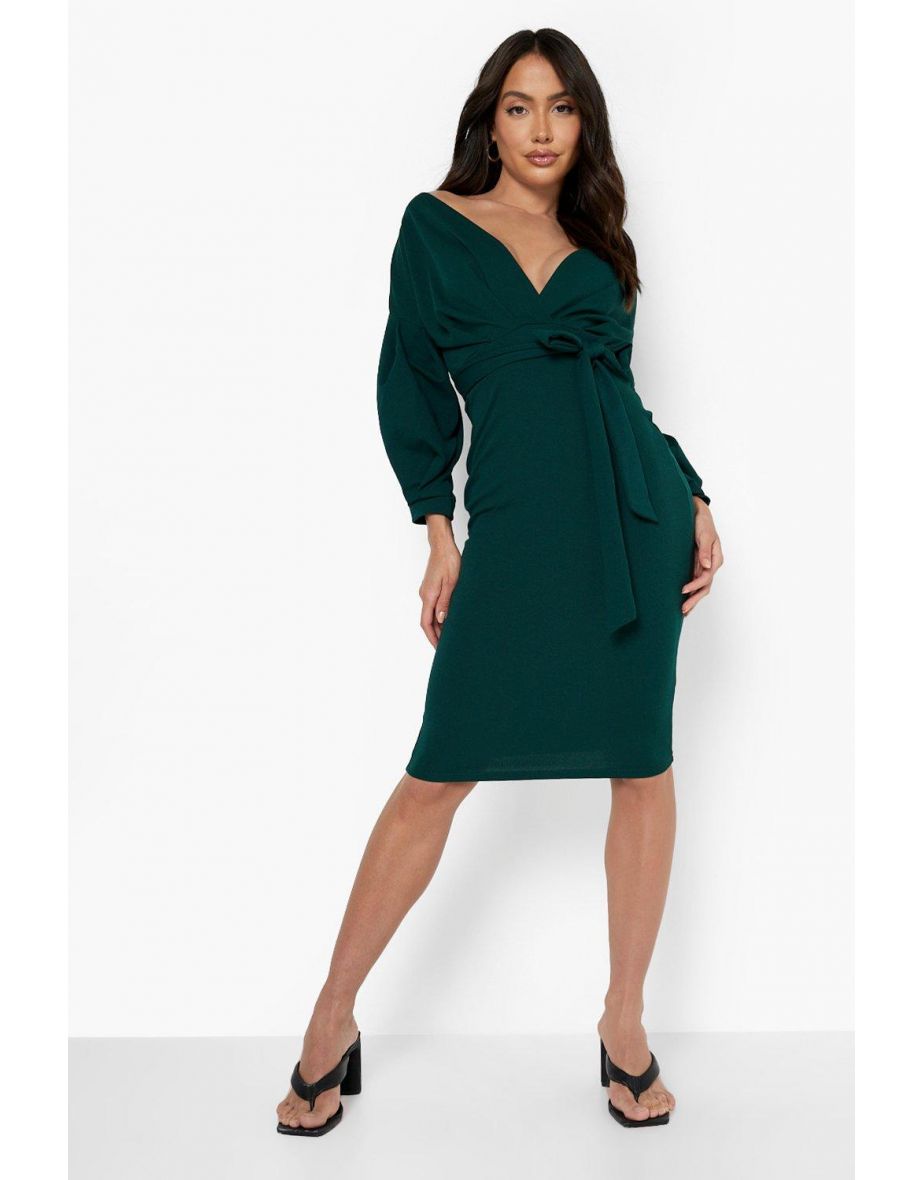 Recycled Off The Shoulder Wrap Midi Dress - emerald