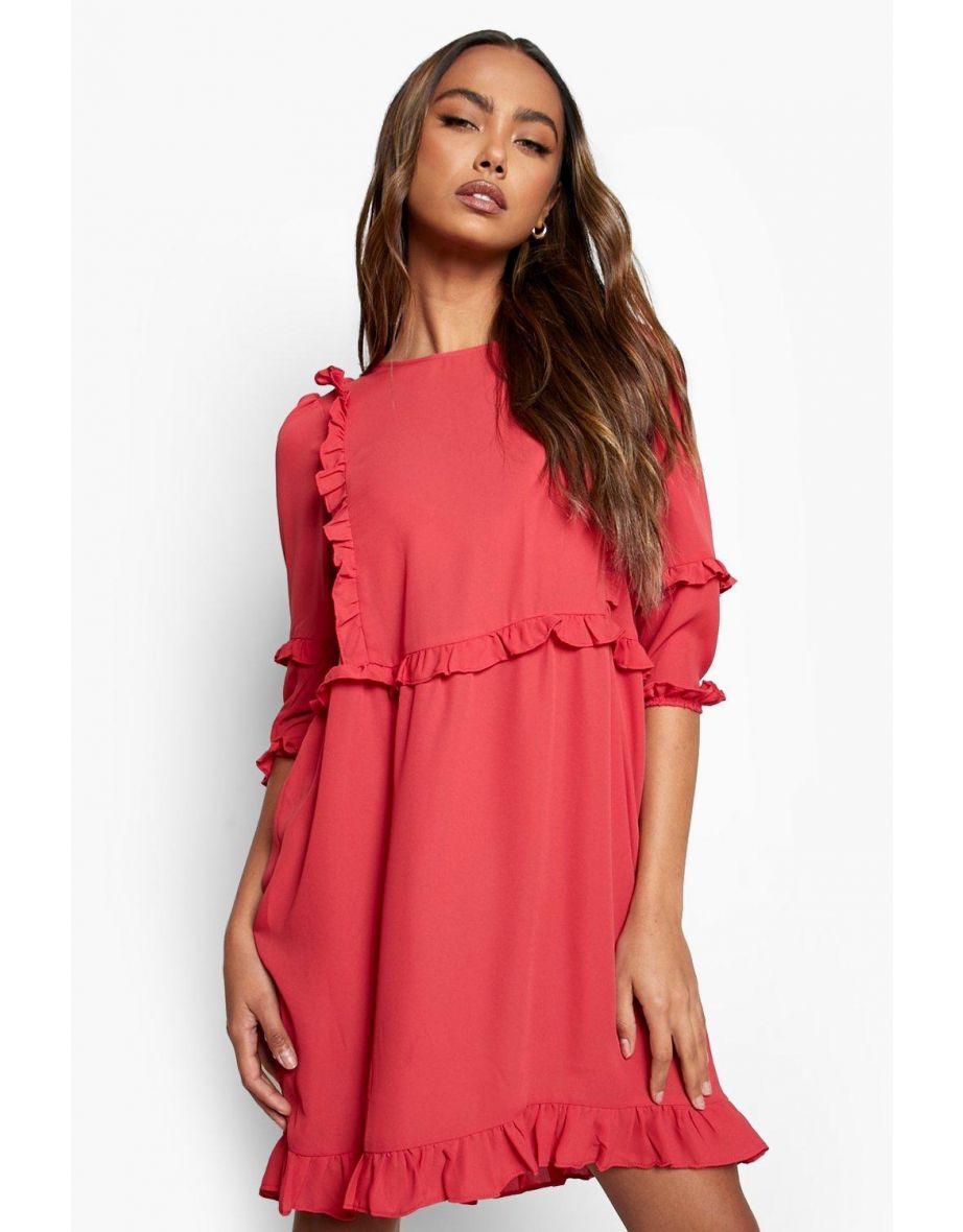 Ruffle Detail Smock Dress - berry