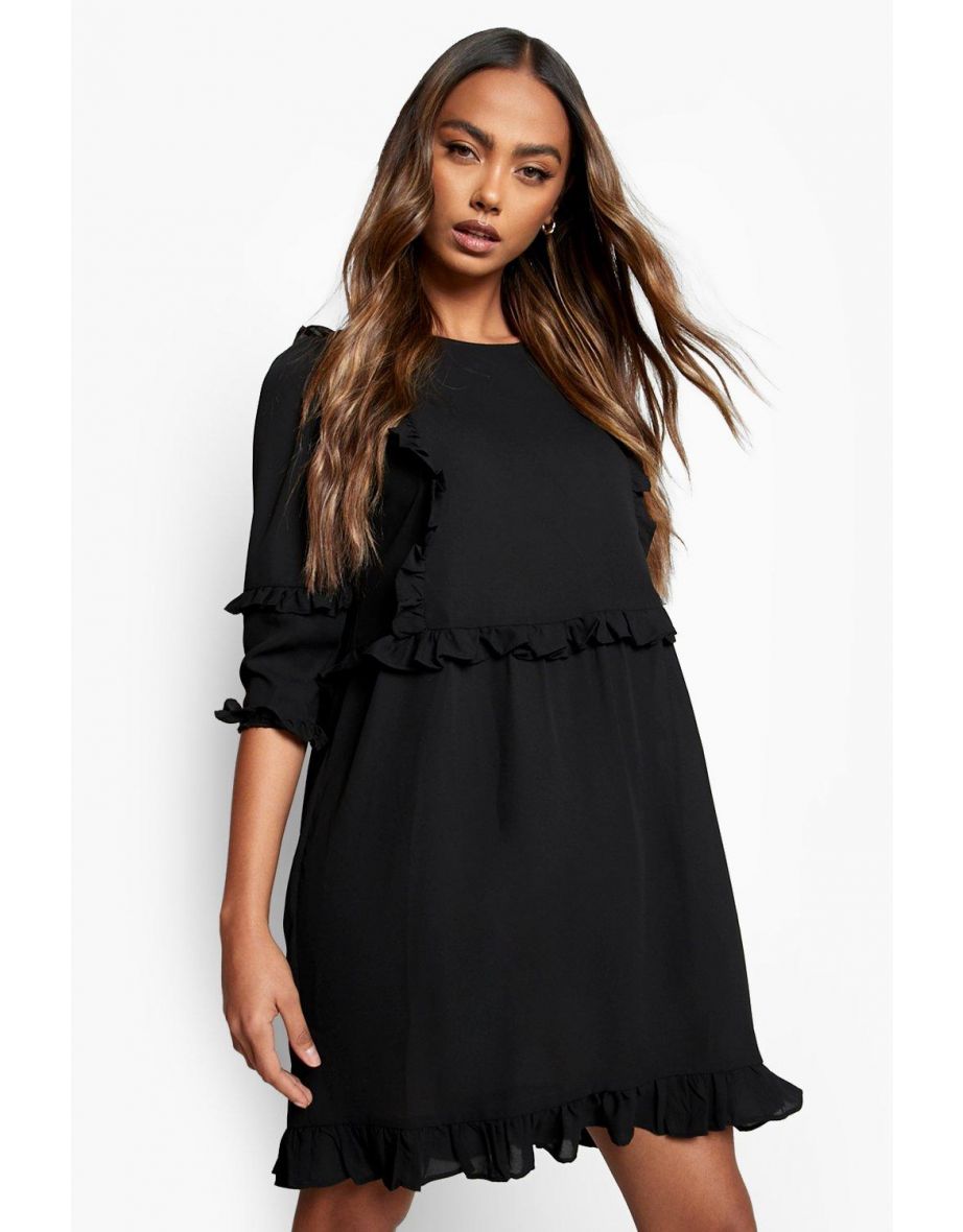 Ruffle Detail Smock Dress - black