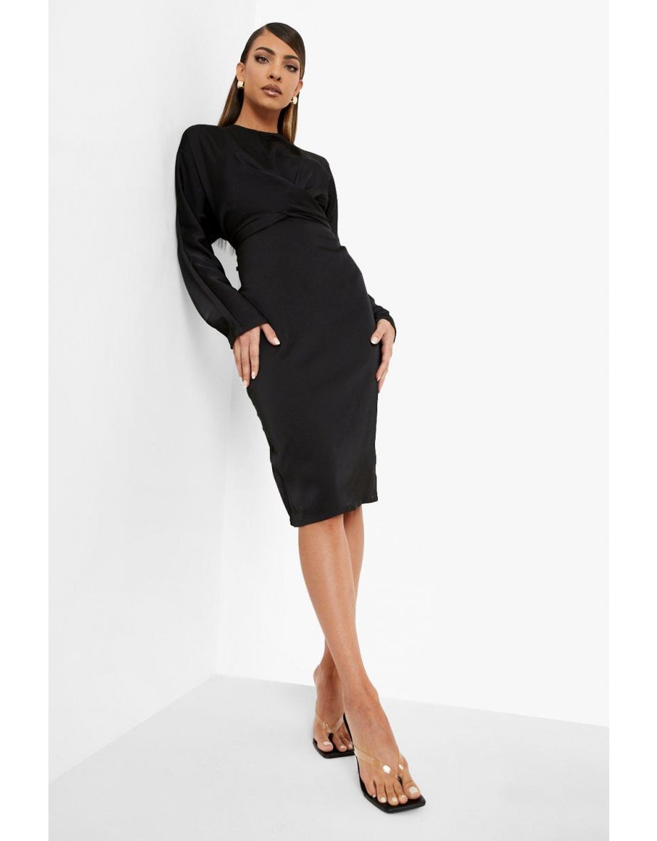 Satin Wrap Detail Tie Back Midi Dress - black