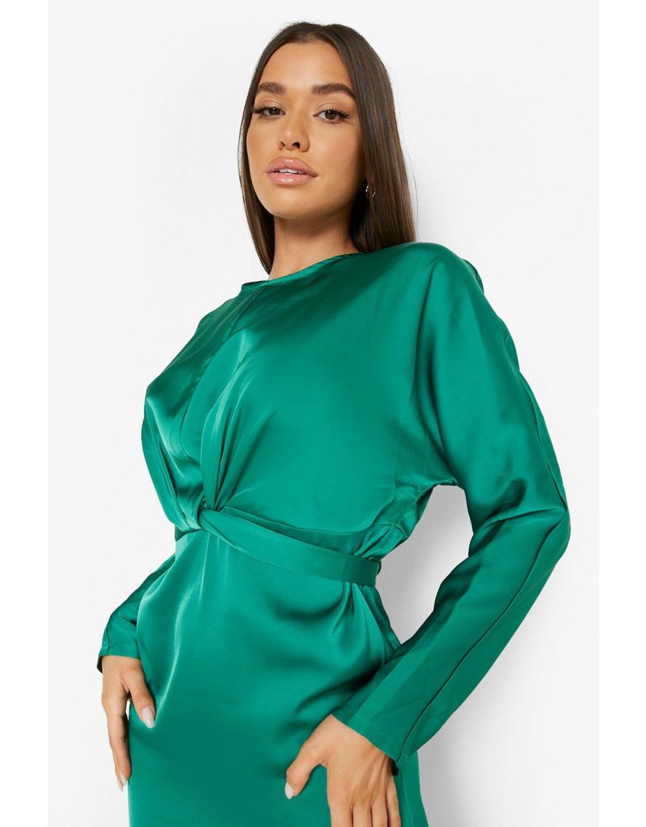 Satin Wrap Detail Tie Back Midi Dress - green - 3