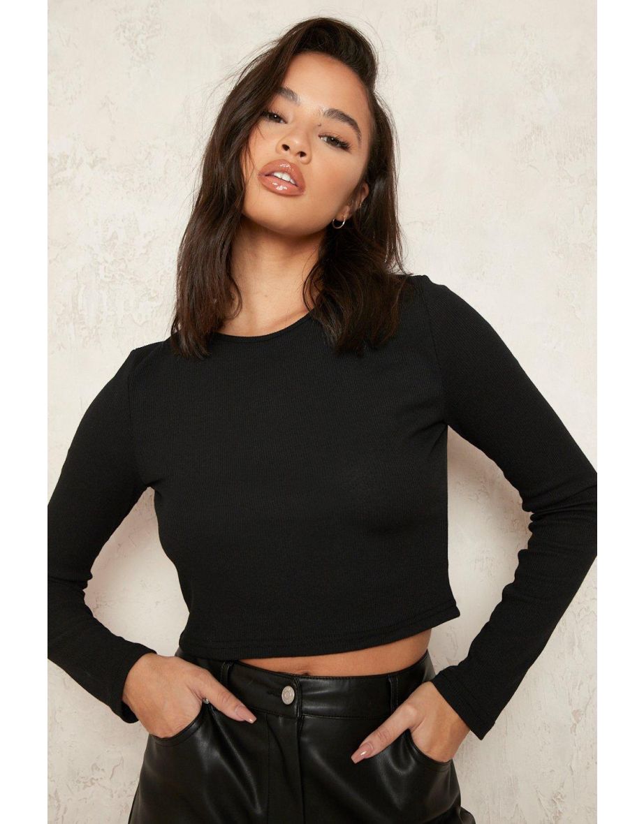 Long Sleeve Rib Crop Top - black