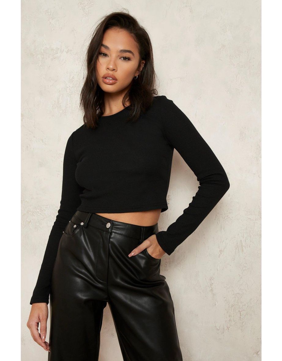 Long Sleeve Rib Crop Top - black - 3